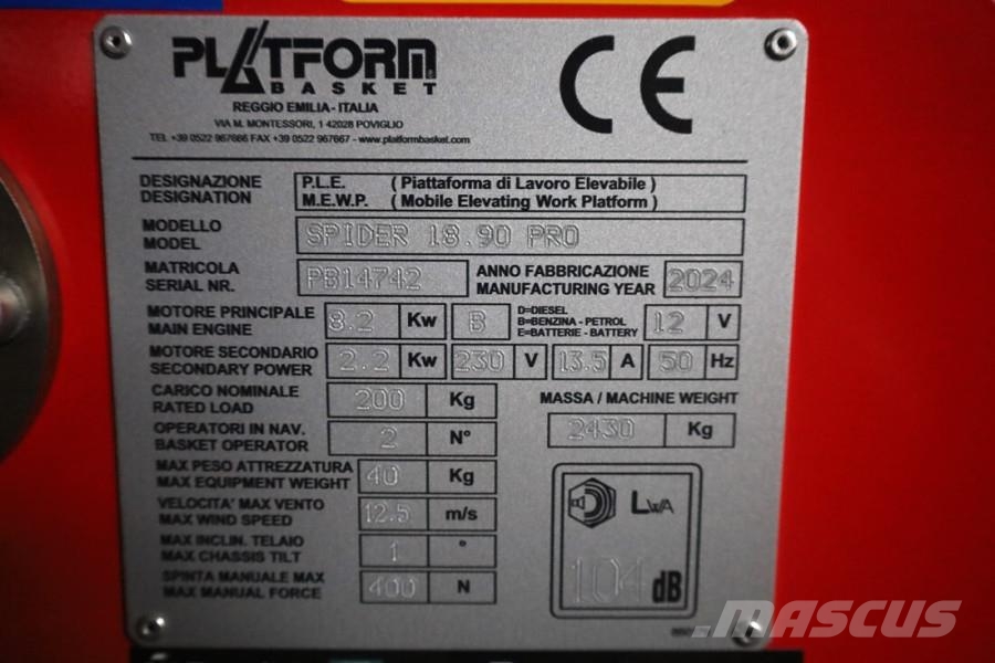 Platform Basket Spider 18.90 PRO CE Declaration, Valid inspection, Plataformas con brazo de elevación manual