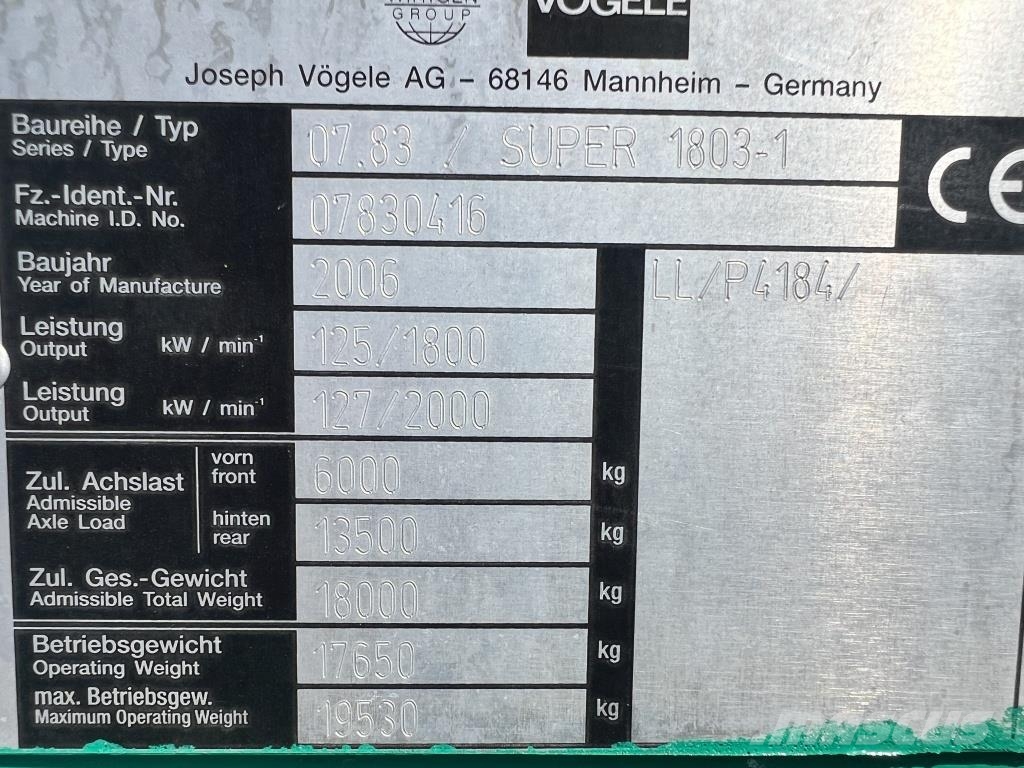 Vögele Super 1803-1 Ty: 07.83 Asphalt pavers