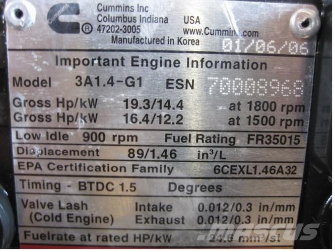 Cummins Model 3A1.4-G1 ESN 3 cyl. diesel motor Engines