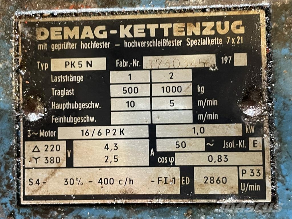 Demag Model PK5N kædetalje - 1000 kg Pacēlāju/krānu aprīkojums