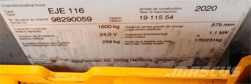 Jungheinrich EJE 116 1.6t/ 990h/ 250ah Wózki widłowe unoszące