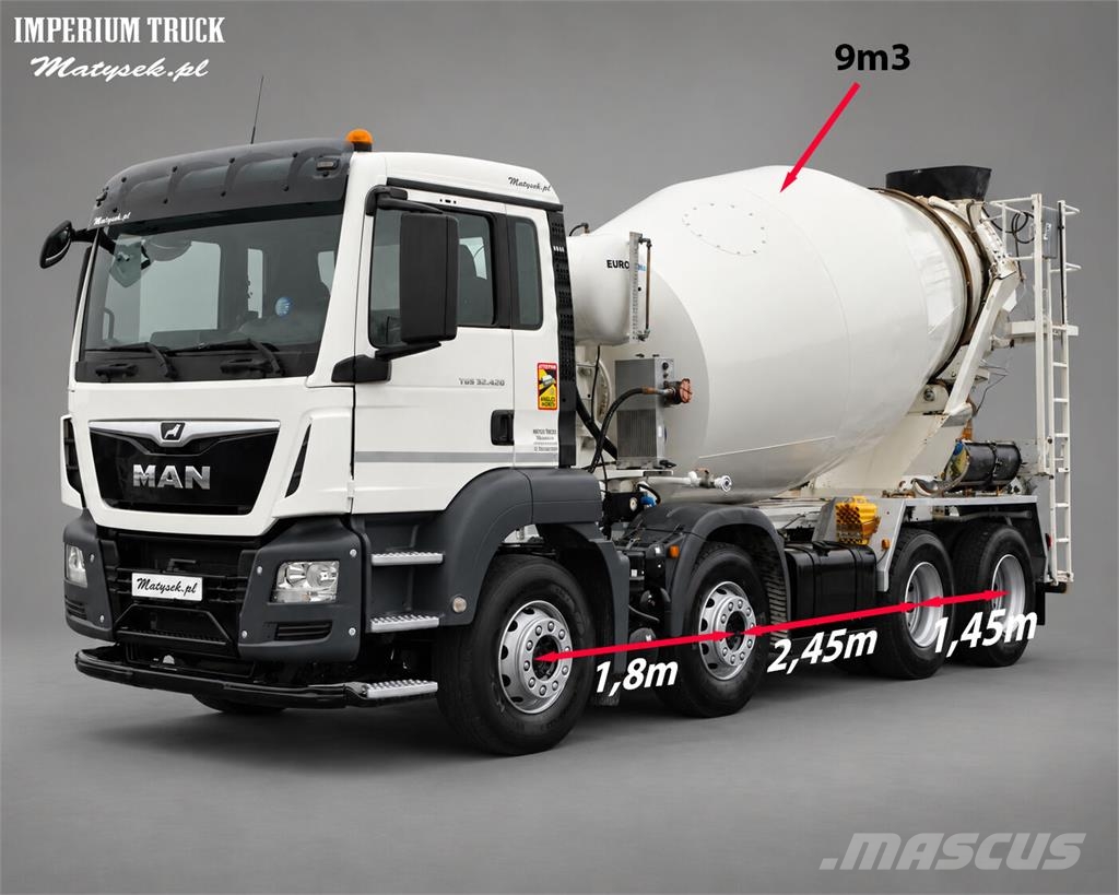 MAN TGS 32.420 / 8x4 / BETONOMIESZARKA / GRUSZKA 9 M3 Betonkeverők/Betonpumpák