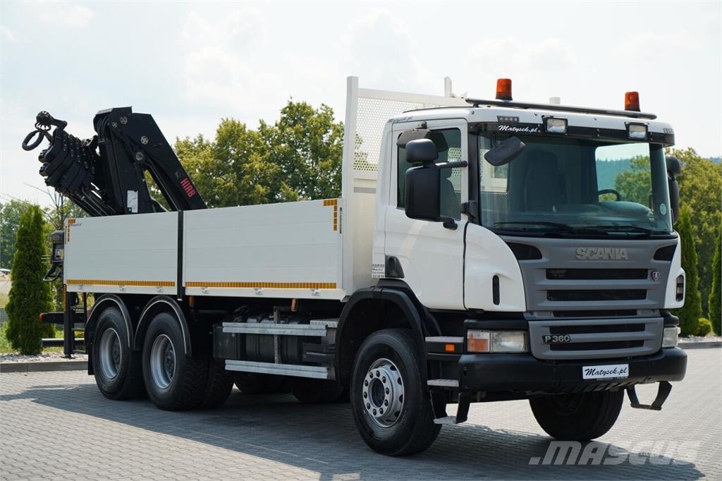 Scania P 360 / 6X4 / SKRZYNIOWY 4.85 + HDS HIAB 211 E-6 H Lastbil med lad/Flatbed