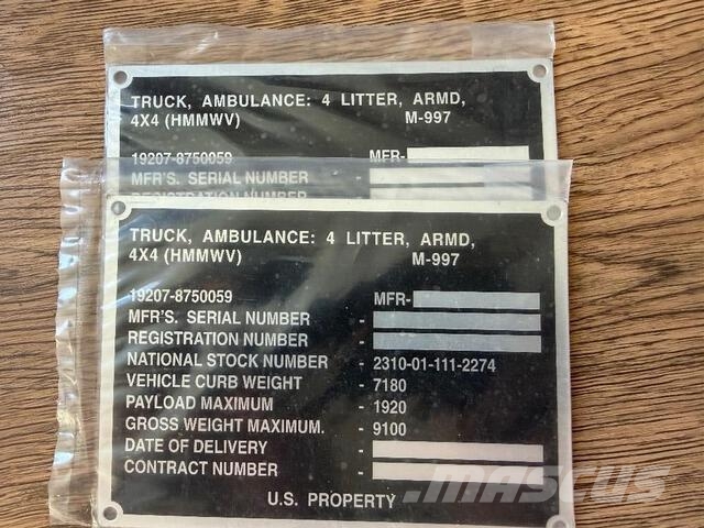Lot of 509- Data Plates Military Vehicles- HMMWV/T Pick up/Dropside