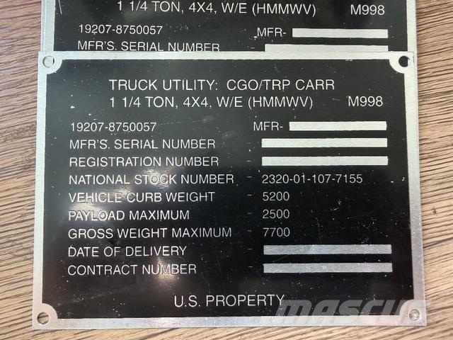 Lot of 509- Data Plates Military Vehicles- HMMWV/T Pick up/Dropside