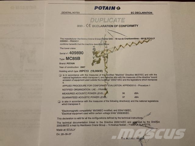 Potain MC85B Tornkraanad
