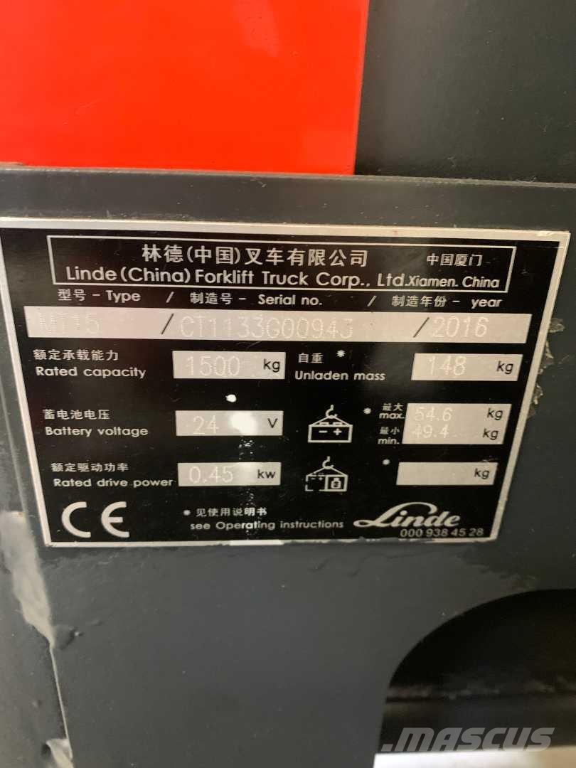Linde MT15 Παλετοφόρα πεζού χειριστή με ιστό