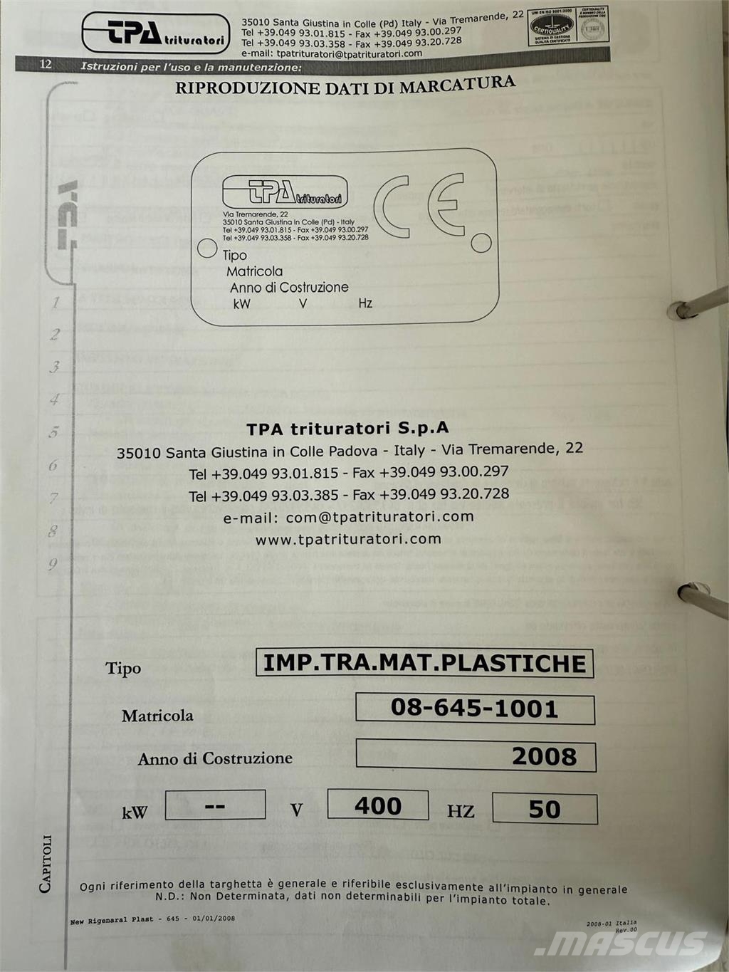 TPA Trituratori Plastics Shredder, Granulator & Convey Aggregate plants