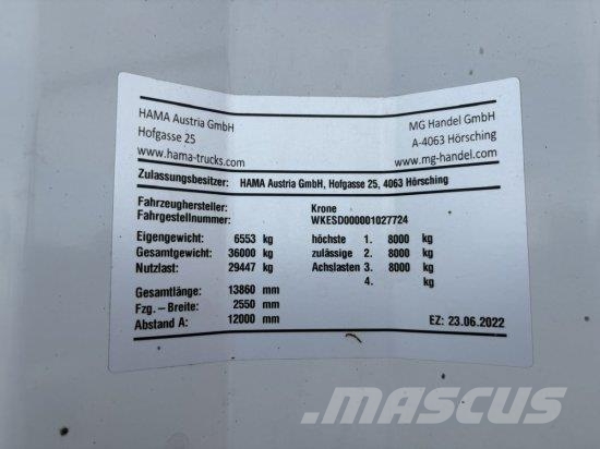 KRONE SD PROFI LINER, LIFTACHSE, BPW-ACHSE, EDSCHA-VERDE Tents puspiekabes