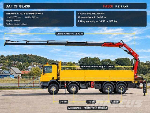 DAF CF 85.430 Pritsche 7,70 m + KRAN * 8x4! Darus teherautók