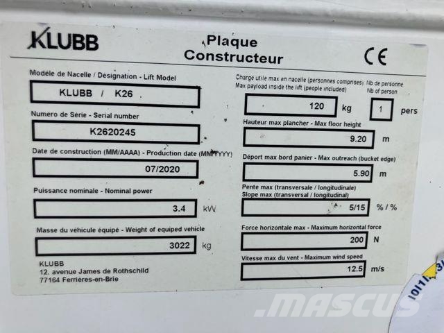Renault Master Hubarbeitsbühne/KLUBB/K26/11m/AC/EU6 Teherautóra szerelt emelők és állványok