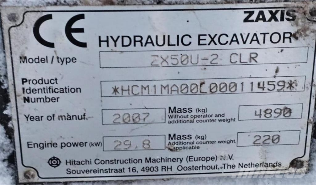 Hitachi ZX50U-2 CLR + SMP + 3 kauhaa حفارات صغيرة أقل من 7 طن (حفارات صغيرة)