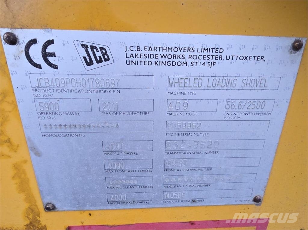 JCB 409, Kauha, Piikit, Aura, Hiekoituskauha Cargadoras sobre ruedas