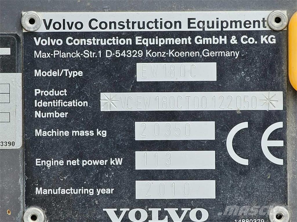 Volvo EW 180 C, Engcon, Eberspächer, rasvari Εκσκαφείς με τροχούς - λάστιχα
