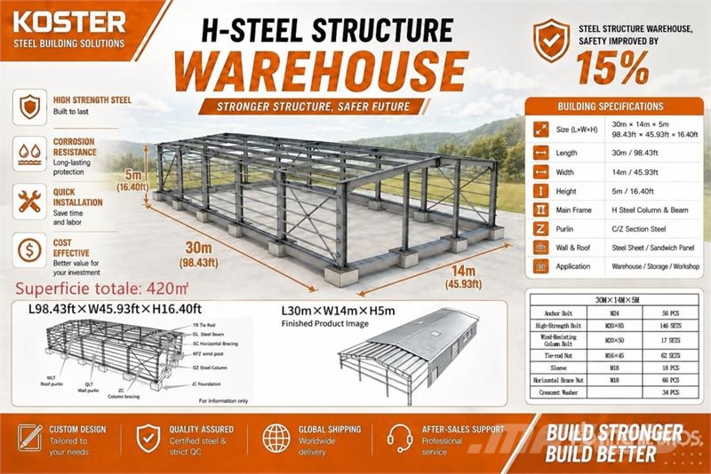  Koster L30mxW14mxH5m Framed Storage Building (Unus مقطورات أخرى