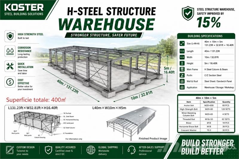 Koster L40mxW10mxH5m Framed Storage Building (Unus مقطورات أخرى