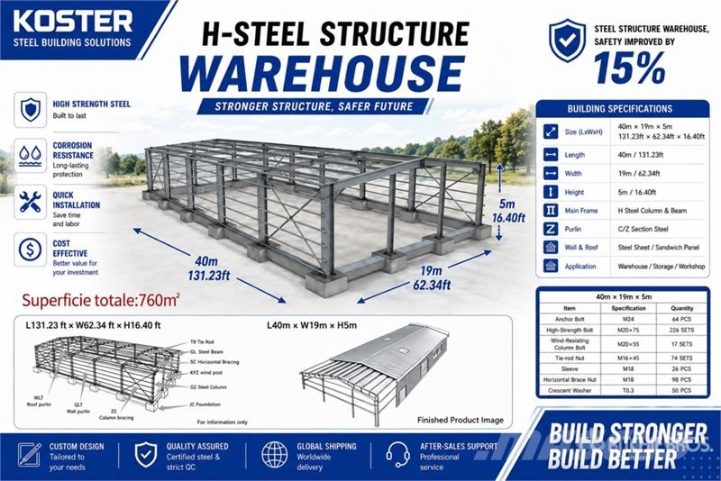 Koster L40mxW19mxH5m Framed Storage Building (Unus مقطورات أخرى