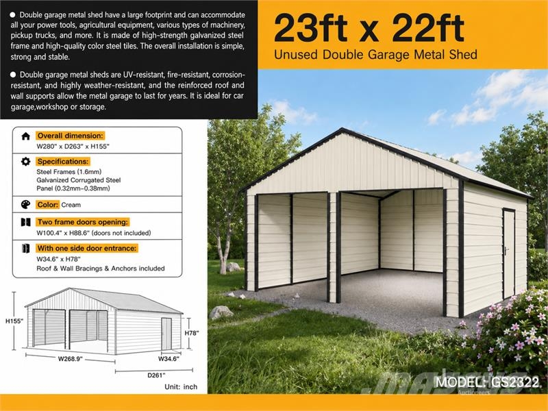 Suihe GS2322 23 ft x 22 ft Double Garage Metal (Unused) Сгради от стоманена конструкция