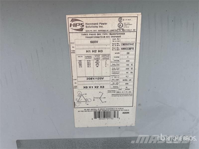 30 kVA 600 V to 220/110 V 3-Phase Dry-Type Distrib Būvniecība- Citi