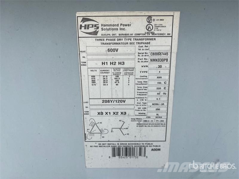 30 kVA 600 V to 220/110 V 3-Phase Dry-Type Distrib Sonstige Baumaschinen