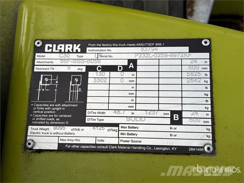 Clark C30 5825 lb Cushion Tire Forklift Інше