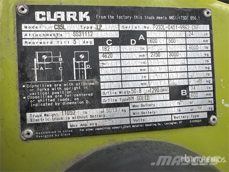 Clark C35 6000 lb Cushion Tire Forklift Вилични кари-повдигачи - други