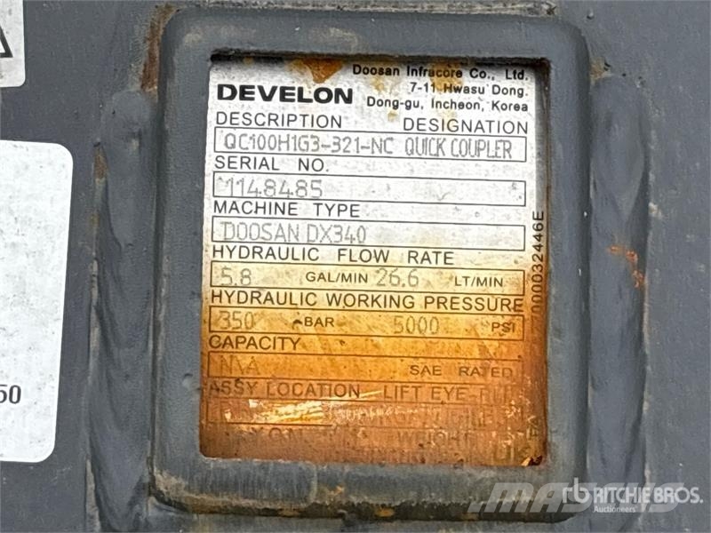 Develon QC-100H1G3-321 Excavator Coupler (Unused) Rychlospojky