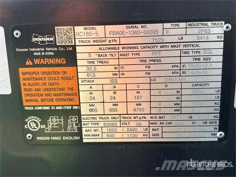 Doosan BC18S-5 2950 lb Electric Forklift Električni viličari