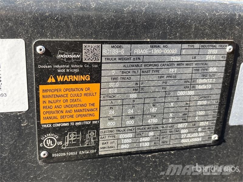 Doosan BC18S-5 2950 lb Electric Forklift Электропогрузчики