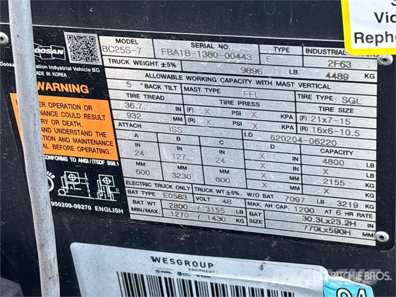 Doosan BC25S-7 4800 lb Electric Forklift شاحنات ذات رافعات شوكية تعمل بالكهرباء