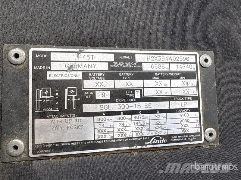 Linde H45 9000 lb Pneumatic Tire Forklift Інше