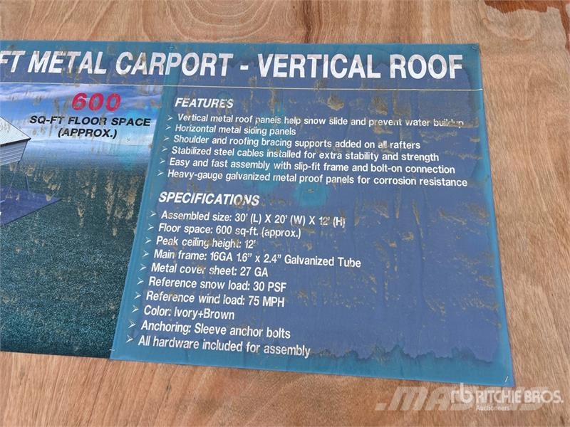 AGR-MC2030 20 ft x 30 ft x 12 ft Steel Carport (Un 鋼架建築
