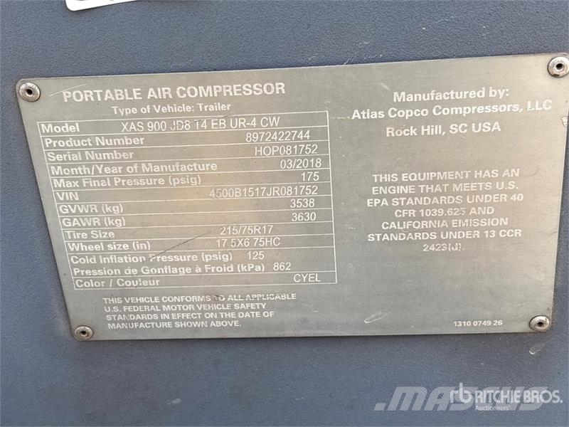 Atlas Copco XAS 900 JD8 T4F 900 CFM Air Compressor Kompressoren