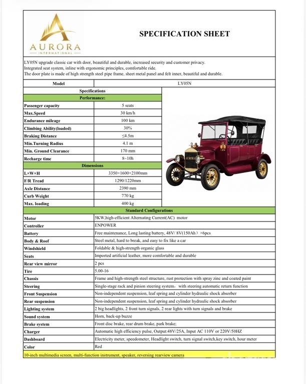  Aurora LY05N Electric Vintage Car Lengvieji automobiliai