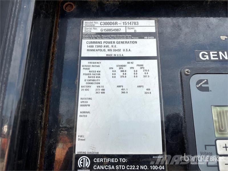 Cummins C300D6R-1514783 300 kW Mobile Generator Set 디젤 발전기