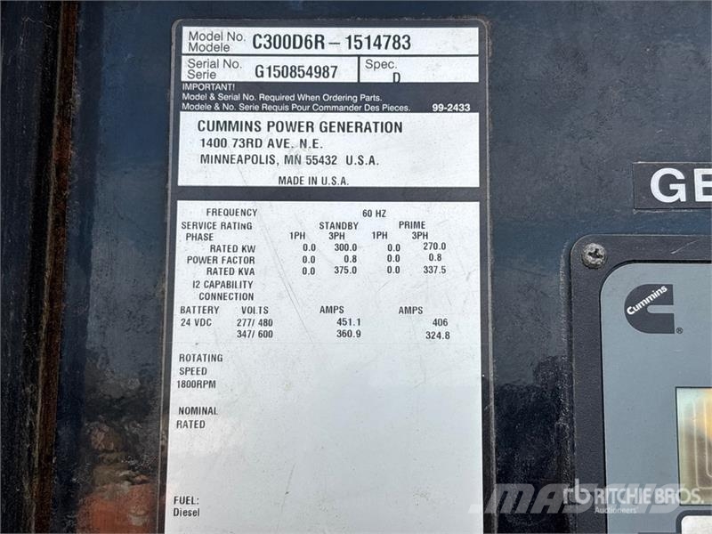 Cummins C300D6R-1514783 300 kW Mobile Generator Set 디젤 발전기