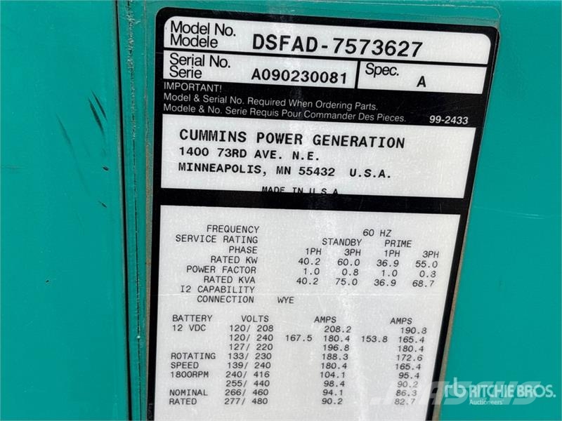 Cummins DSFAD-7573627 60 kW Skid-Mounted Generator Set Diesel Generatoren