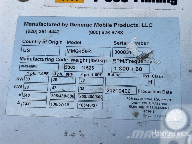 Generac MDG45IF4 38 kW Mobile Generator Set (Inoperable) Dizelski agregati