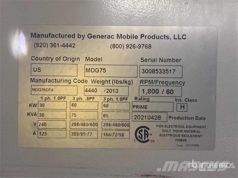 Generac MDG75 60 kW Mobile Generator Set (Inoperable) Dízel áramfejlesztők
