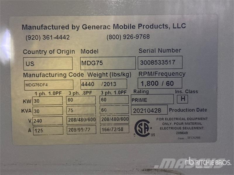 Generac MDG75 60 kW Mobile Generator Set (Inoperable) Dízel áramfejlesztők