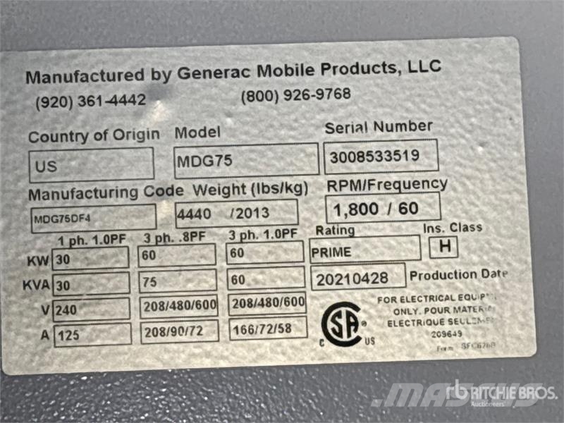 Generac MDG75DF4CAN6 60 kW Mobile Generator Set (Inoperabl Dízel áramfejlesztők