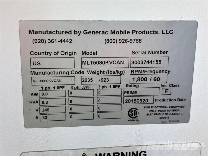 Generac MLT5080KVCAN 8 kW Light Tower ライトタワー