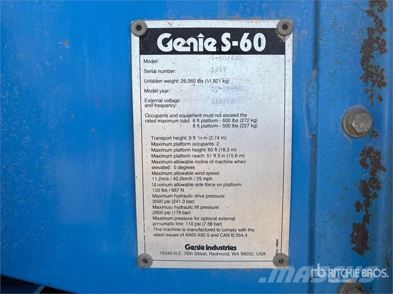 Genie S60 4WD Dual Fuel Telescopic Boom Lift (Inoperable Nacelles télescopiques