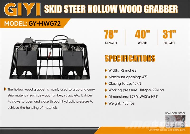 GIYI GY-HWG72 72 in Skeleton Skid Steer Grapple Bu Grijpers