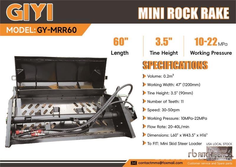 GIYI GY-MRR60 60 in Mini Skid Steer Rock Rake (Unu Drugi deli
