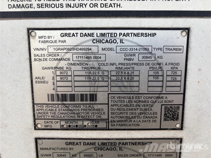 Great Dane 53 ft x 102 in T/A Van Trailer Причепи-фургони
