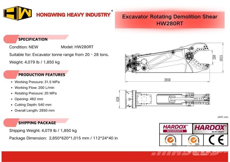 H&W HW280RT Demolition Shear - Fits Excavator 20 - 28 Cisailles