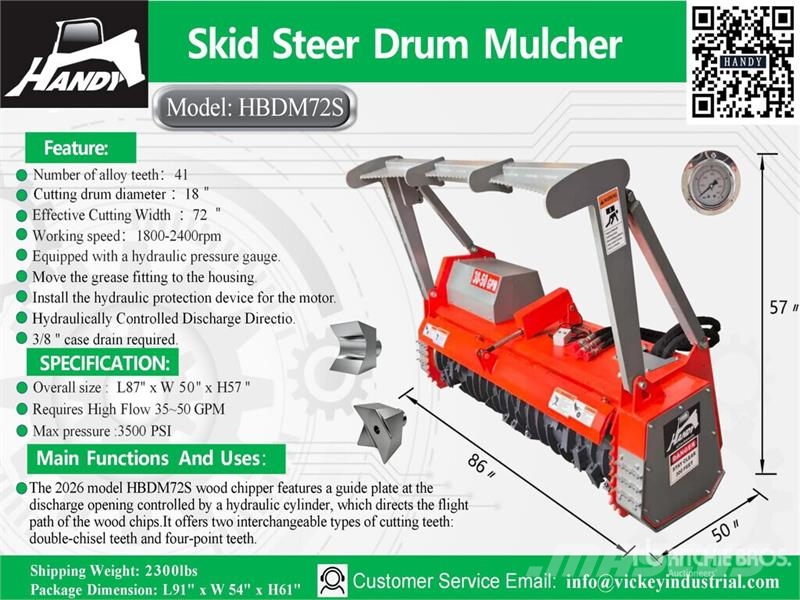 Handy HBDM72S 72 in Drum Skid Steer Mulcher (Unused) Mežizstrādes mulčeri