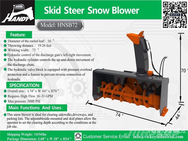 Handy HNSB72 72 in Skid Steer Snowblower (Unused) Fresadoras quitanieves