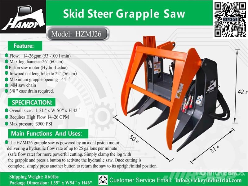 Handy HZMJ26 50 in Skid Steer Grapple Saw (Unused) Kiti naudoti statybos komponentai